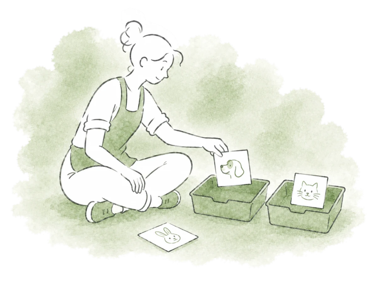 A volunteer groups simple animal cards into separate trays.