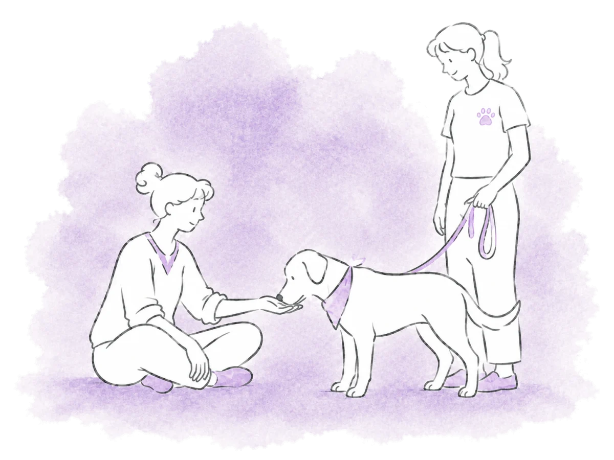 A rescue volunteer introduces a dog to a potential adopter.