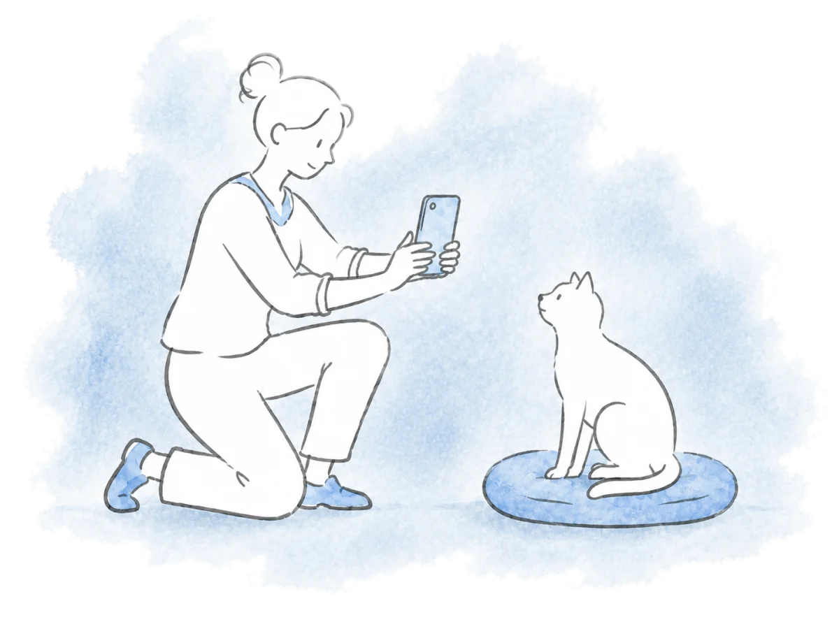 A volunteer photographs a cat for its adoption listing.