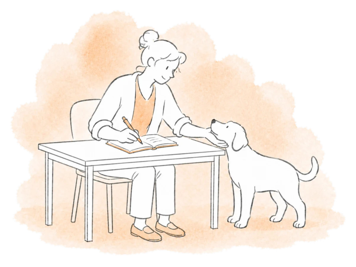 A shelter worker records a new arrival while reassuring a dog.
