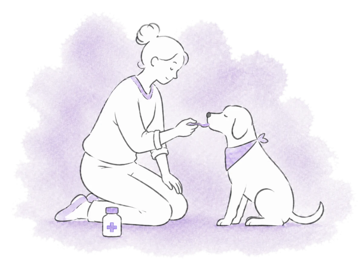 A caregiver gives a dog its medicine during the daily round.