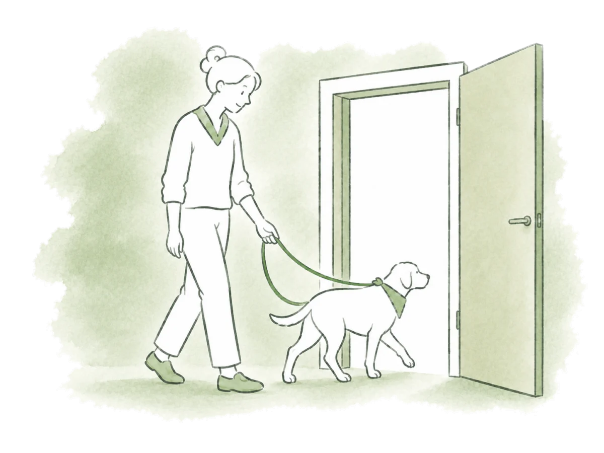 A shelter worker guides a dog into its designated area.