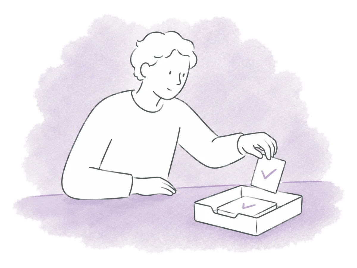 A volunteer puts a completed task card into a tray of earlier completed jobs.