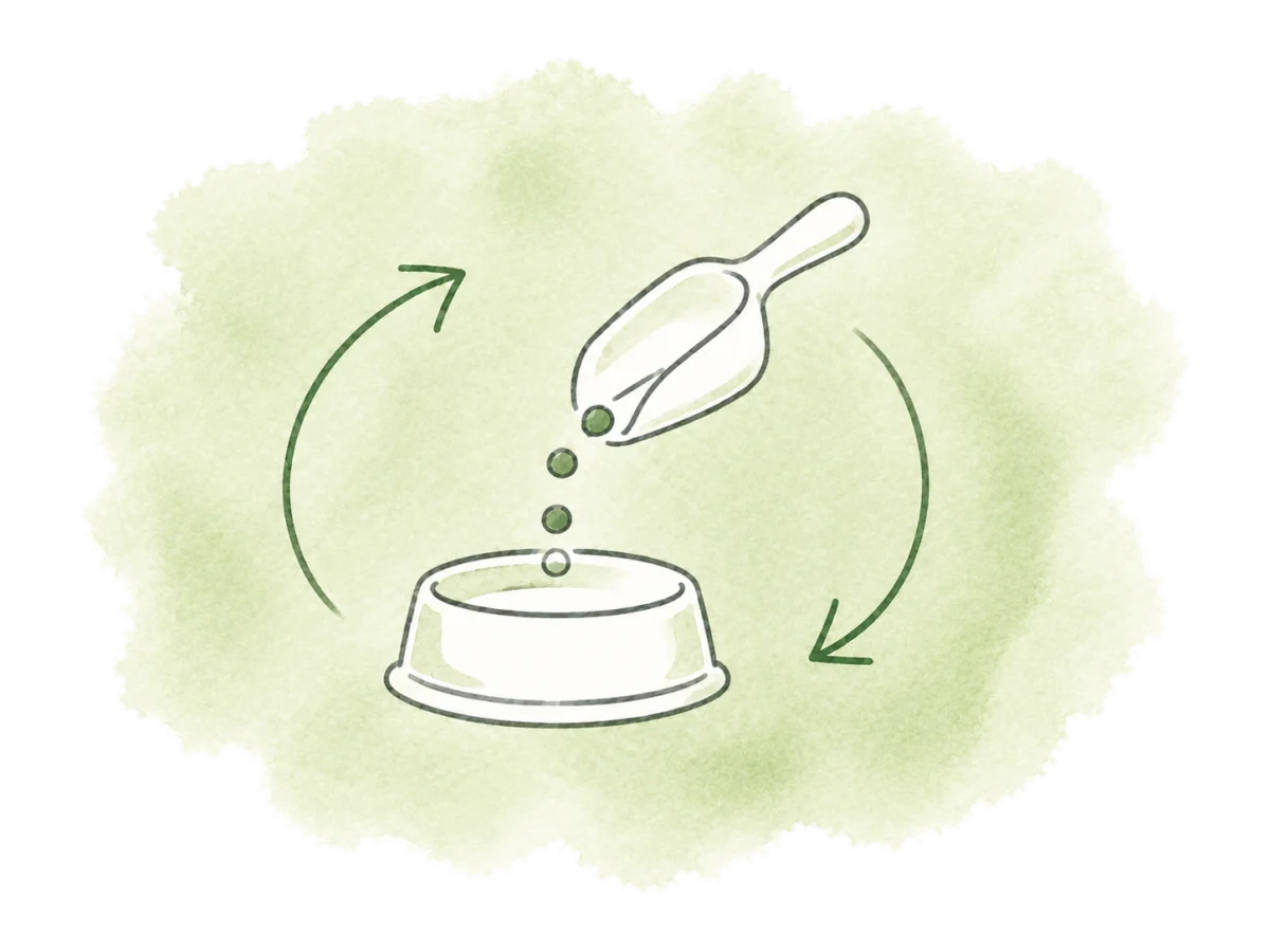 A scoop and bowl sit within a pair of repeating arrows.