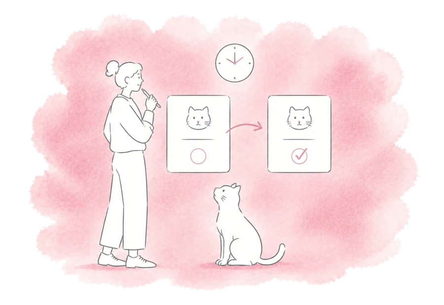 A volunteer compares the before and after versions of a cat's record.