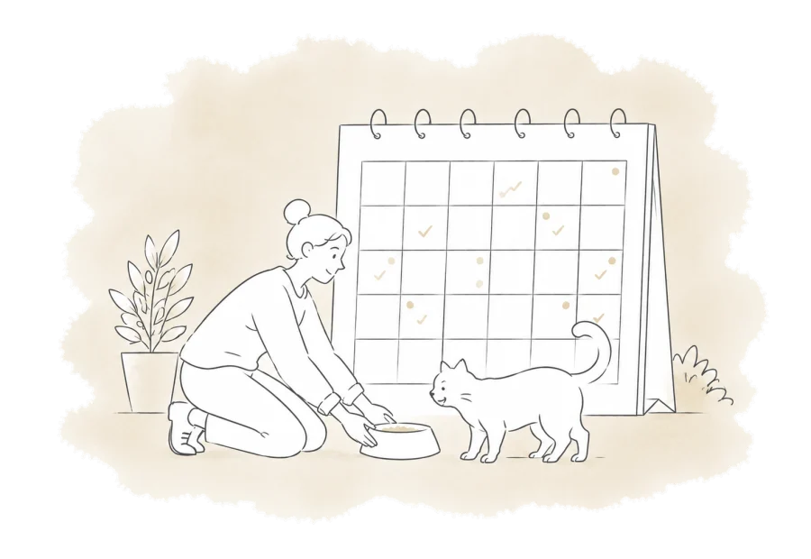 A caregiver feeds a cat beside a monthly calendar with feeding days marked.