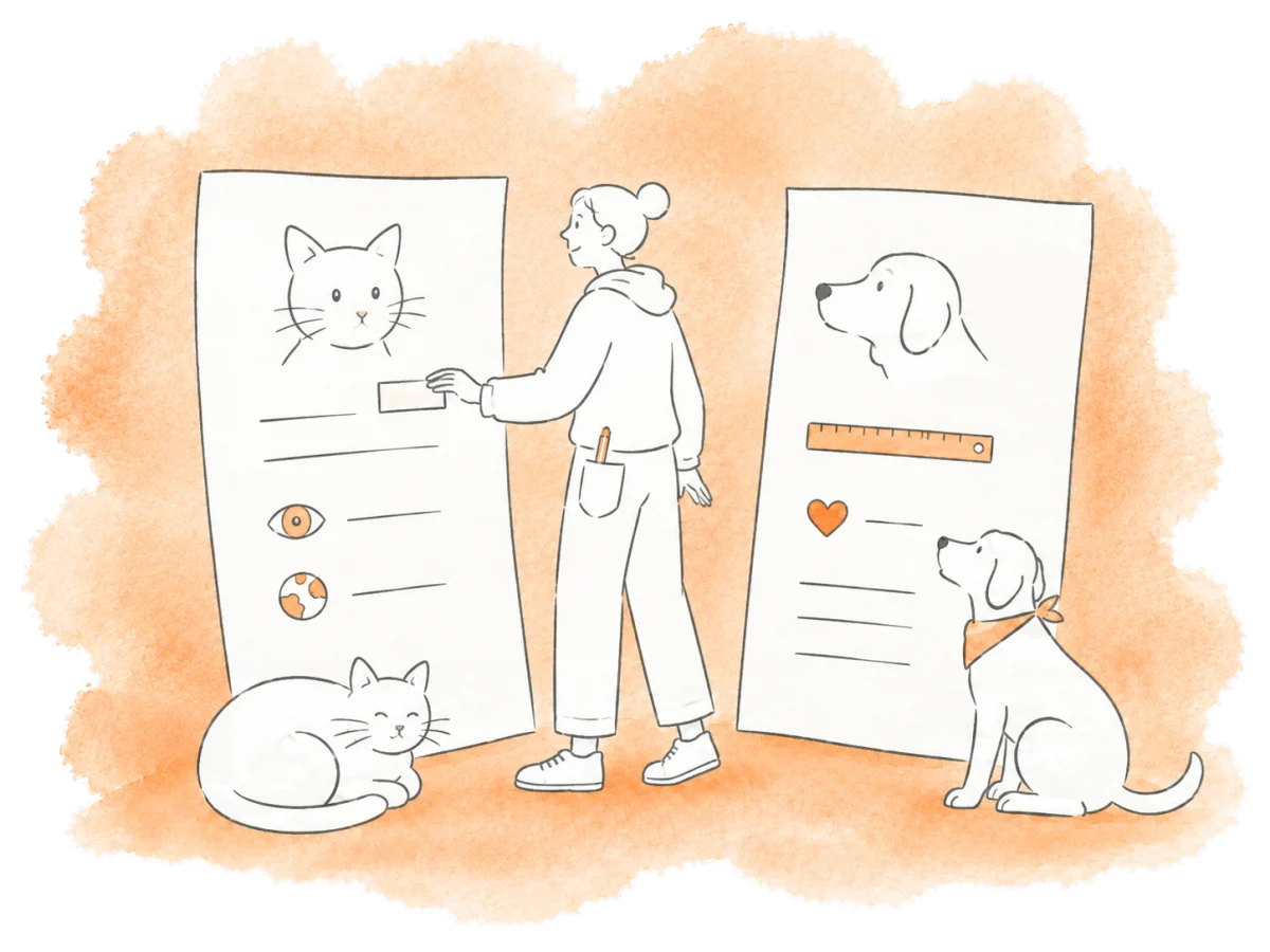 A volunteer arranges different profile fields for a cat and a dog.