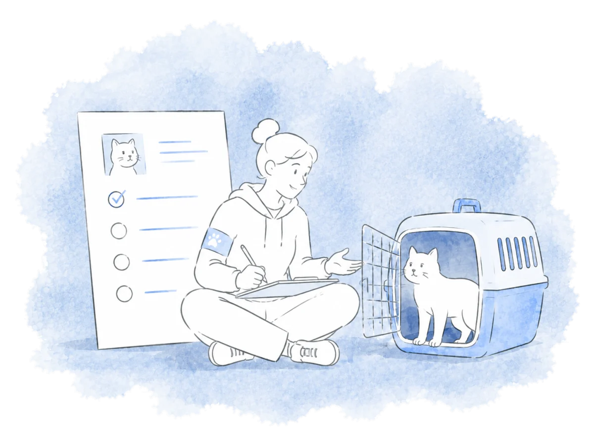A volunteer welcomes a cat and starts its intake record with room for more details.