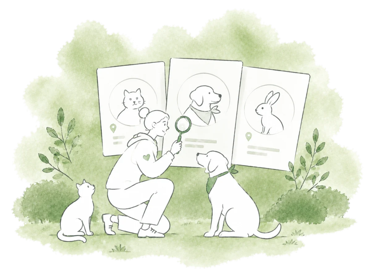 A volunteer finds a dog's profile among animal records, with a cat nearby.