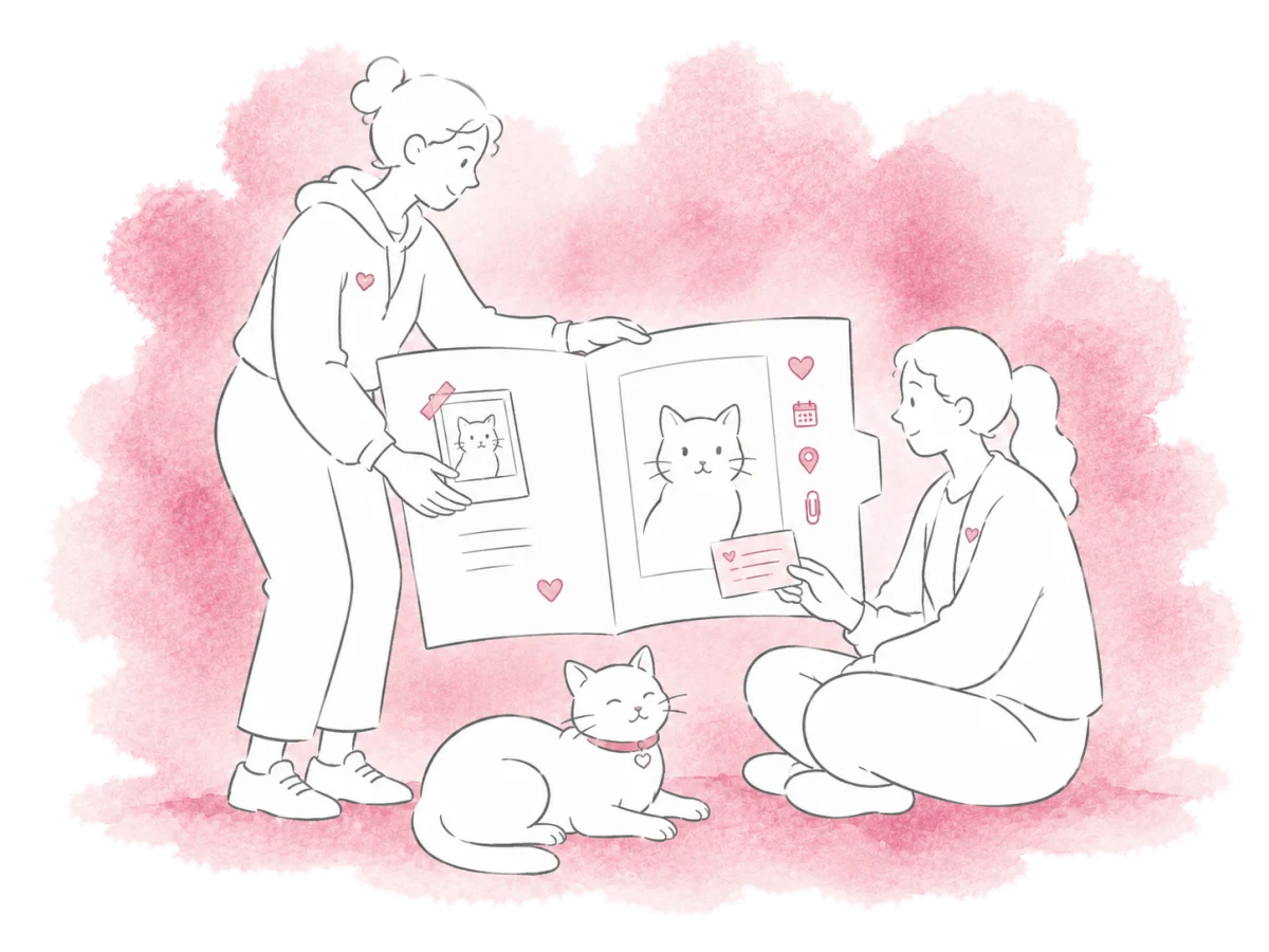 Two volunteers keep a cat's photos, care notes and history together in one record.
