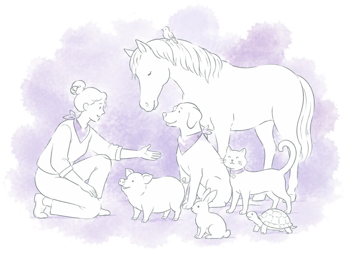 A volunteer welcomes a horse, dog, cat, pig, rabbit, tortoise and bird.
