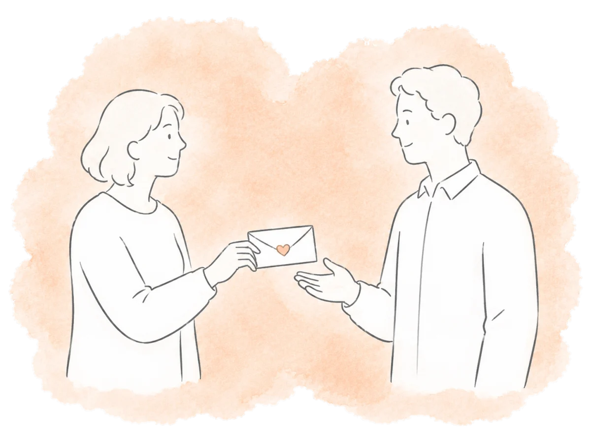 Two volunteers exchange a welcoming invitation.