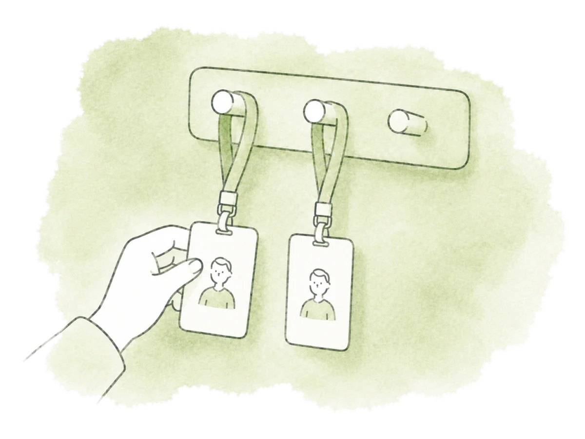 A hand checks the team badges hanging on their hooks.