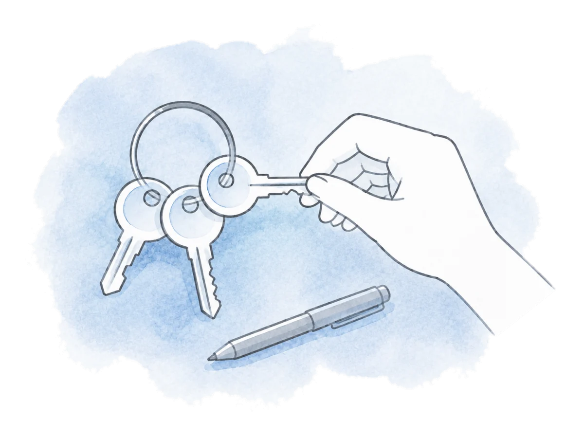A hand selects one key from a small key ring.