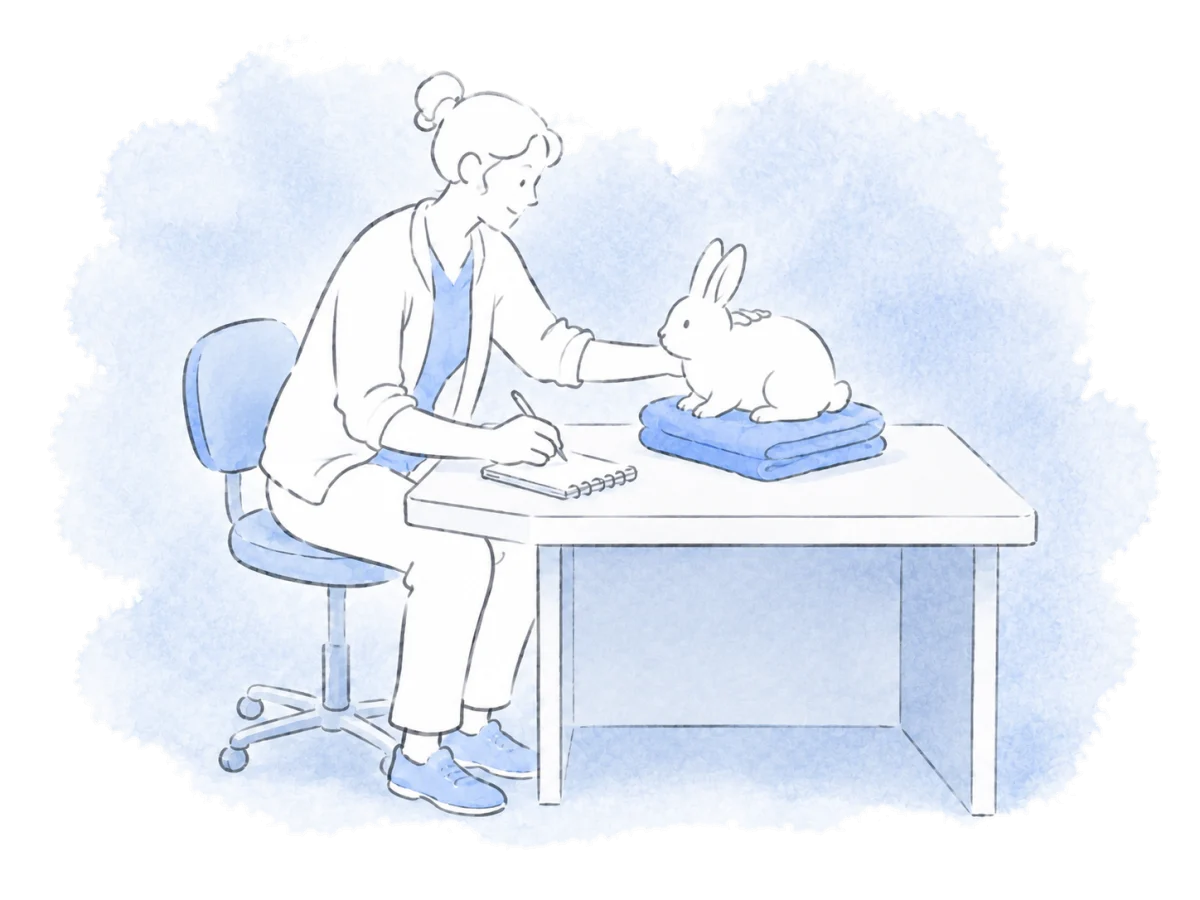 A caregiver checks a recovering rabbit resting on a towel.