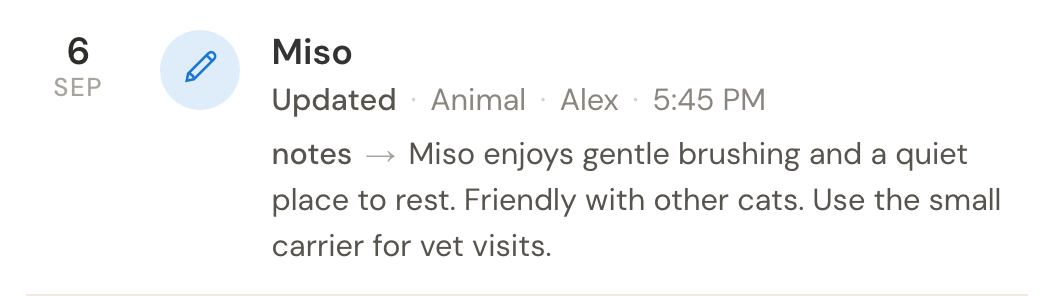 Miso’s logged care-note update, showing the new note, the person who changed it and the time.