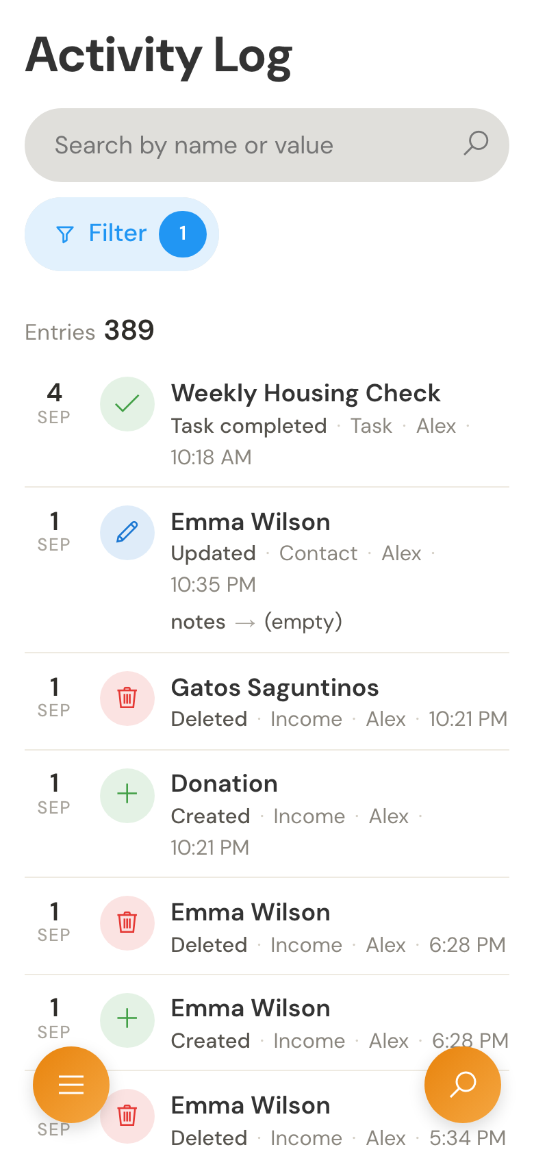 The Activity Log on a mobile display, with events in date order and the person responsible for each change.