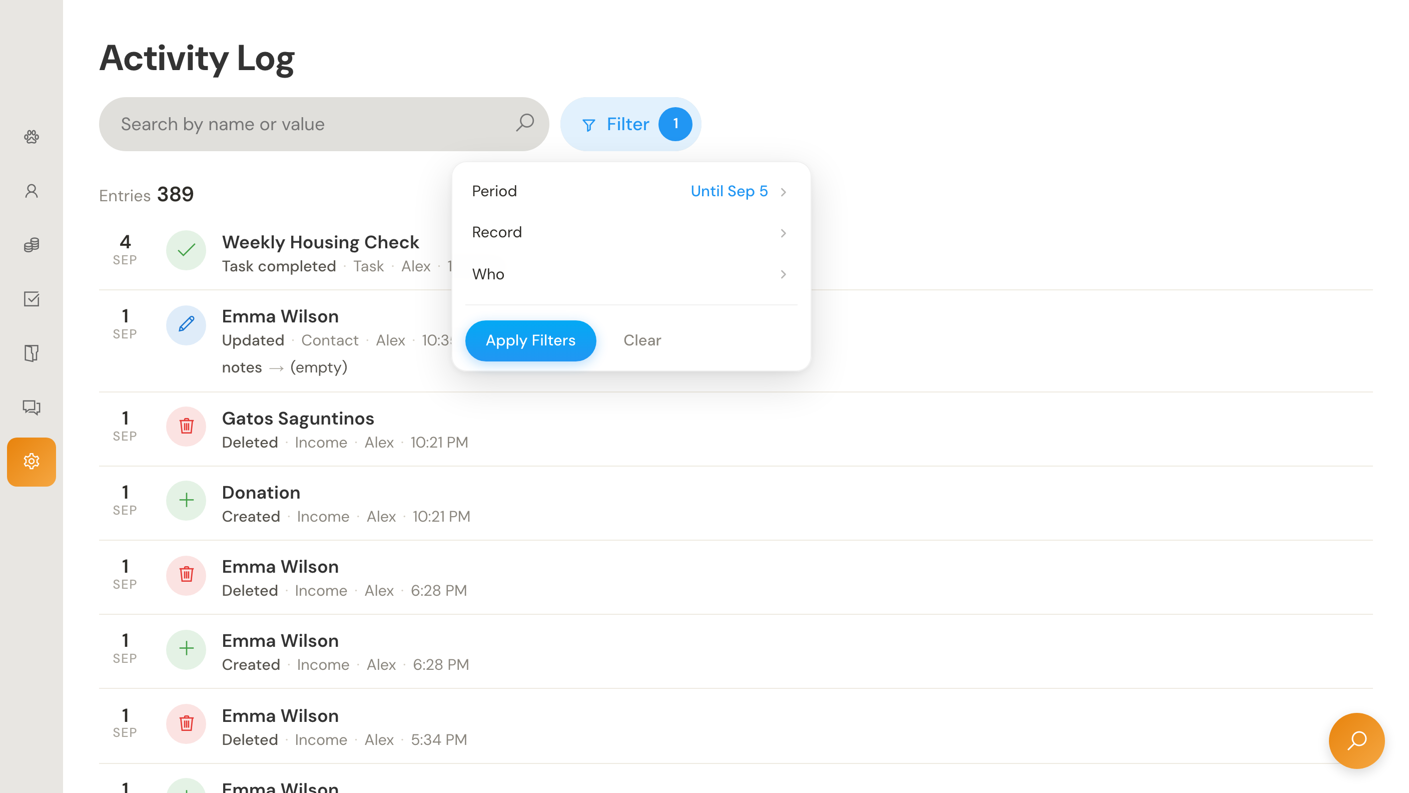 Activity Log with the filter open, showing period, record and person controls alongside task, contact and payment history.