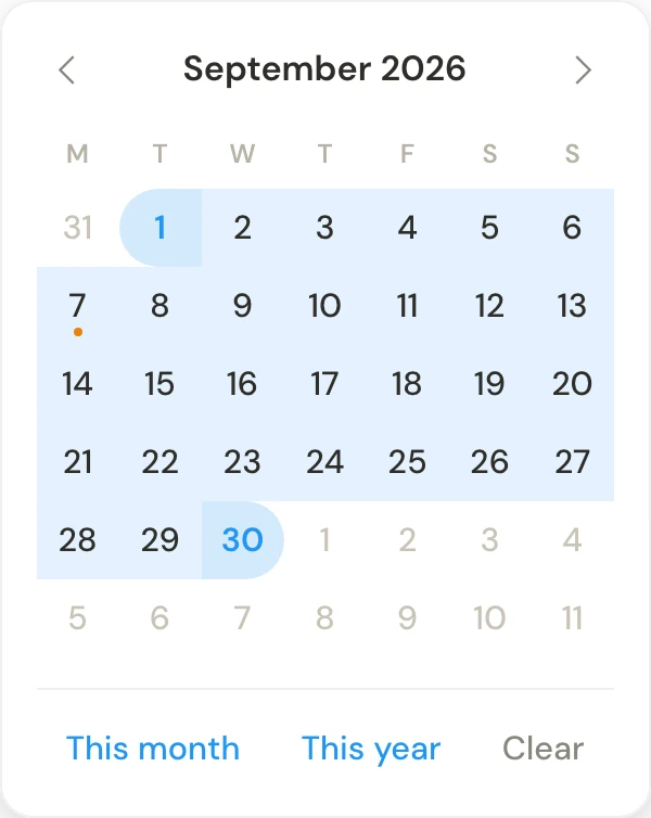 Calendar with September selected and shortcuts for this month and this year.