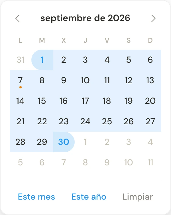 Calendario con septiembre seleccionado y accesos directos a este mes y este año.