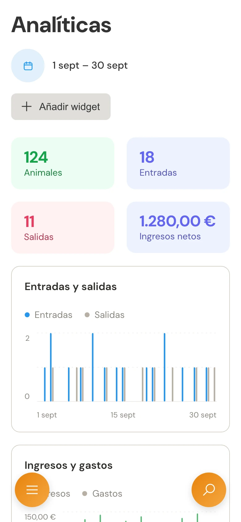 Estadísticas en el móvil con el calendario, cifras clave y gráficos de movimientos.