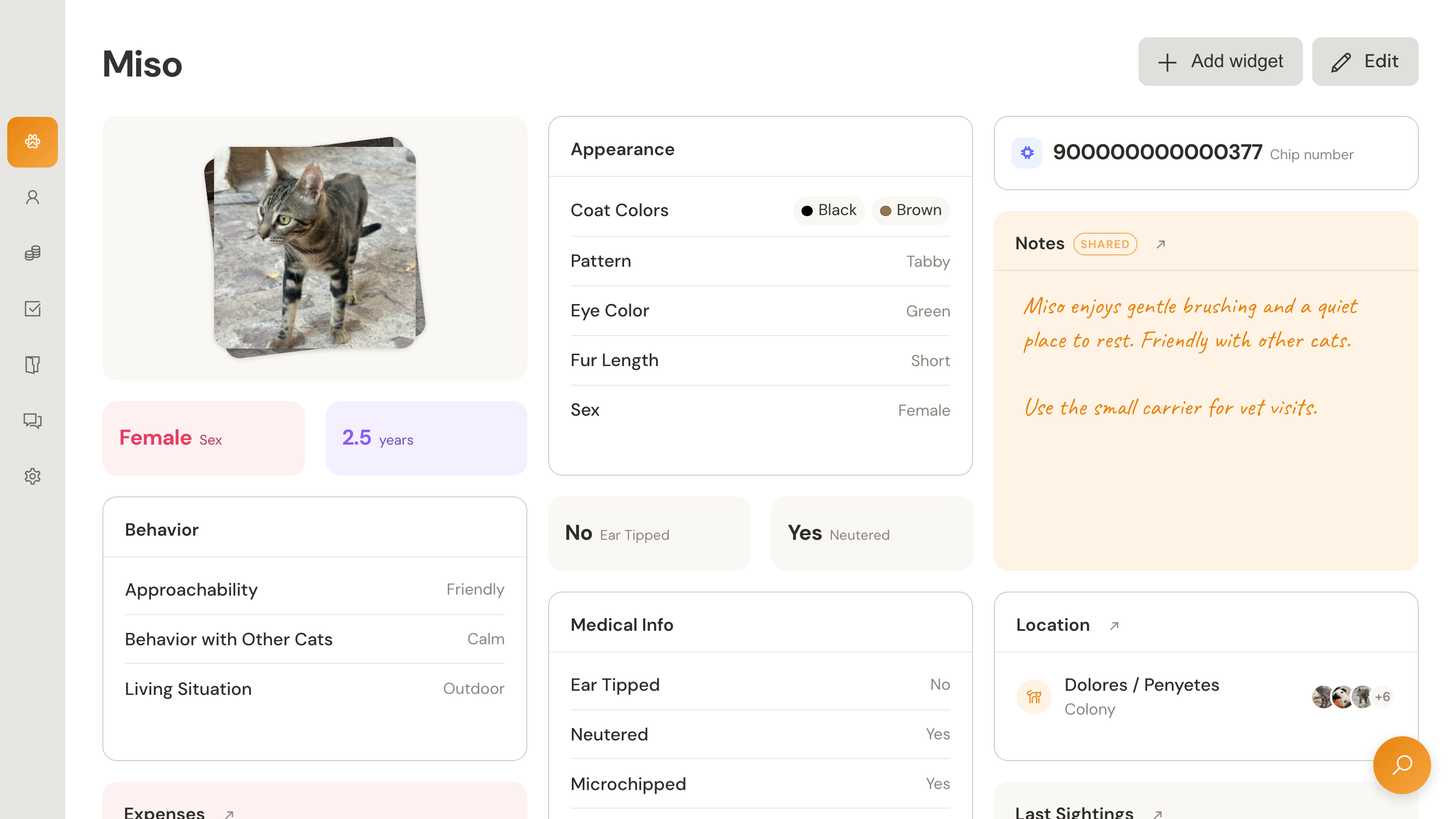 Miso’s animal profile in Pawsies: a photo stack, appearance and behaviour, medical information, shared care notes and location.