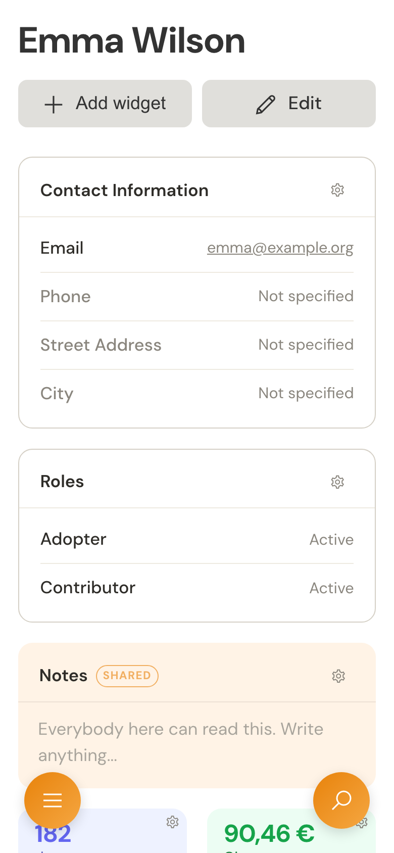 Emma Wilson’s contact record on a mobile display, with contact details, roles and notes.
