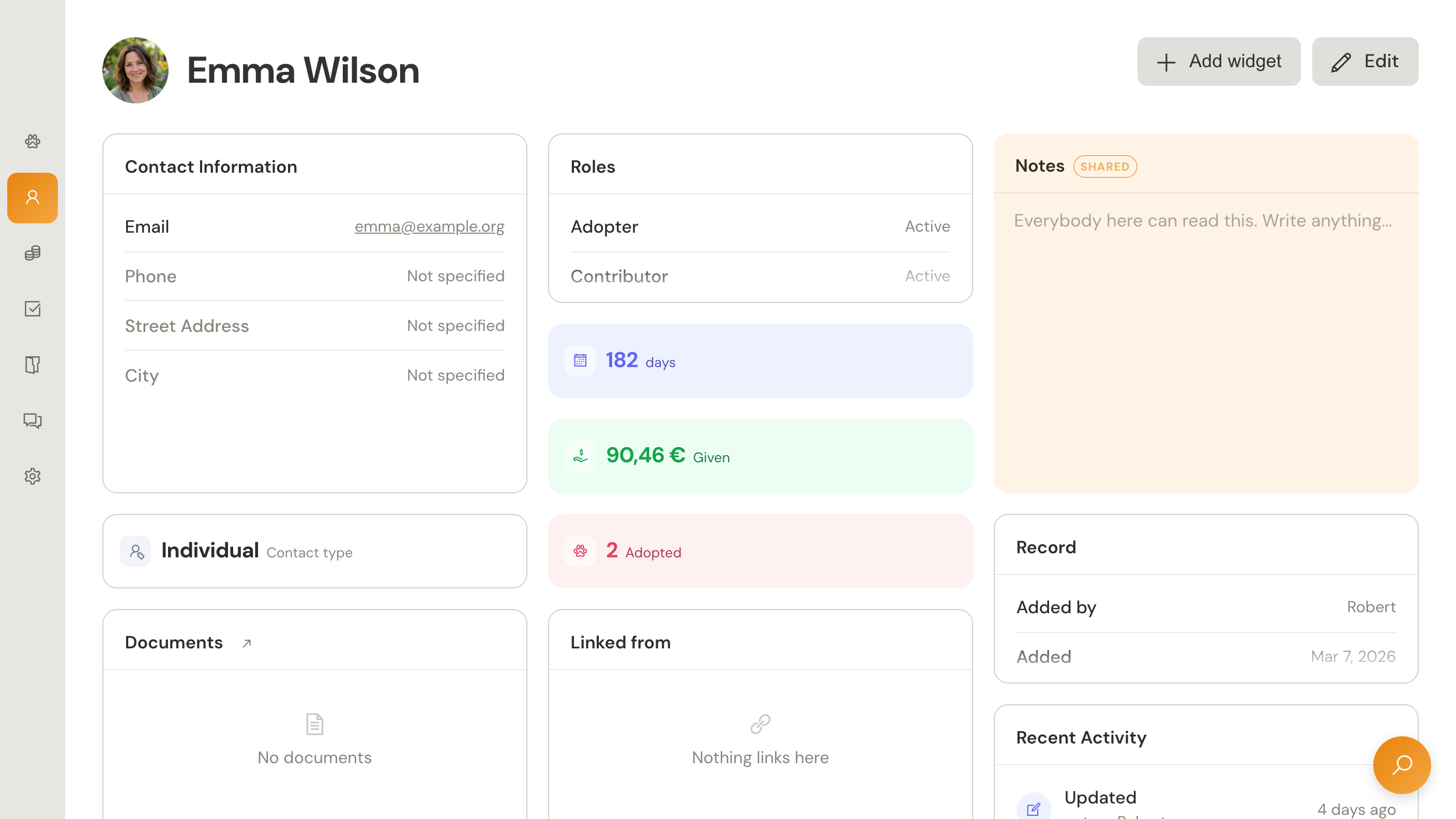 Emma Wilson’s contact dashboard with her portrait, contact information, adopter and contributor roles, notes and contribution total.