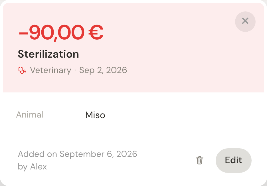 A €90 sterilization expense with its veterinary category, date and link to Miso.