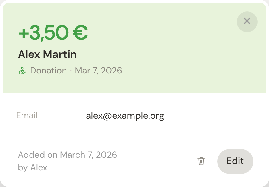 A donation detail popup showing the amount, donor, date and contact information.