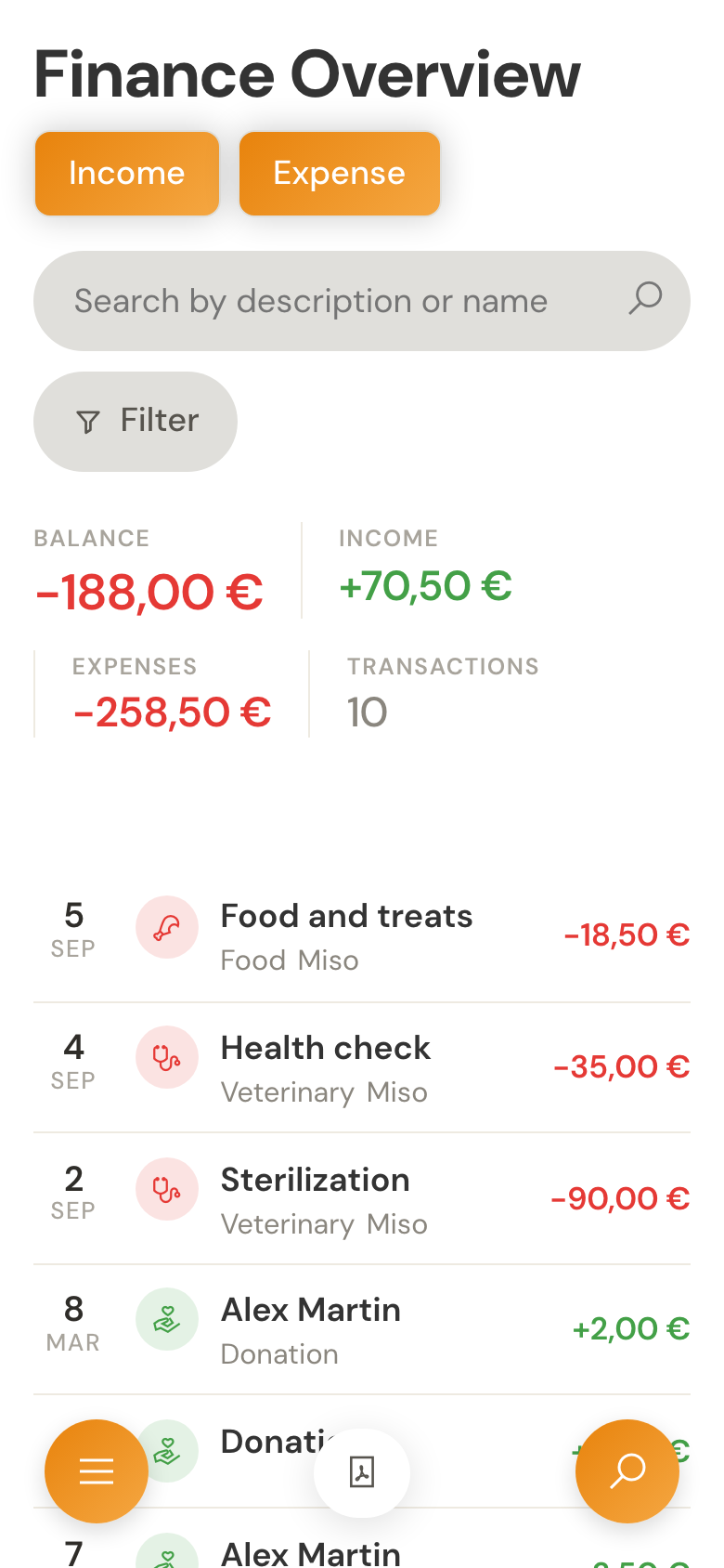 The finance overview on a mobile display, with totals and a chronological list of income and expenses.