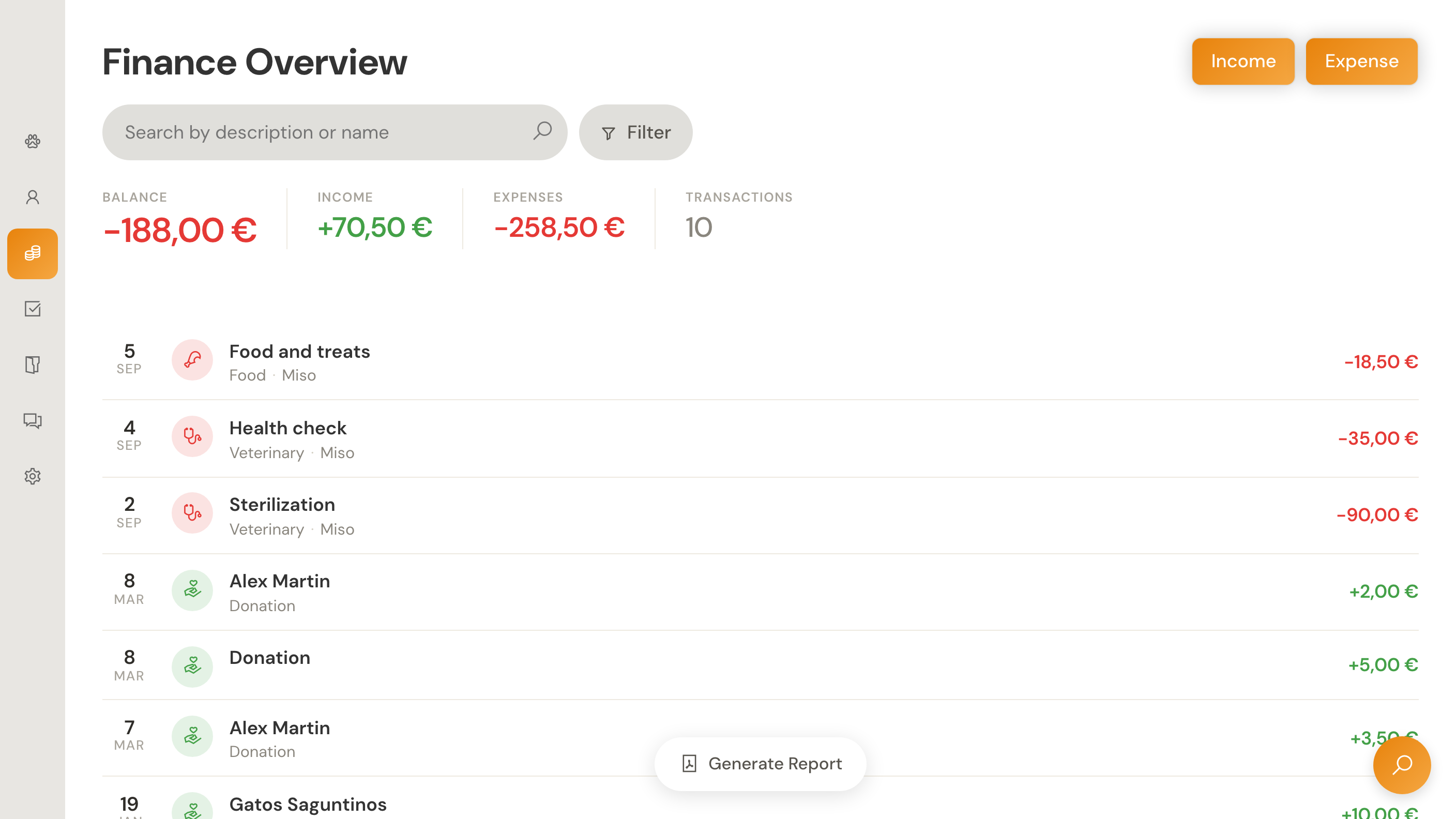 Finance Overview showing income, expenses, balance and transactions, including spending linked to Miso.
