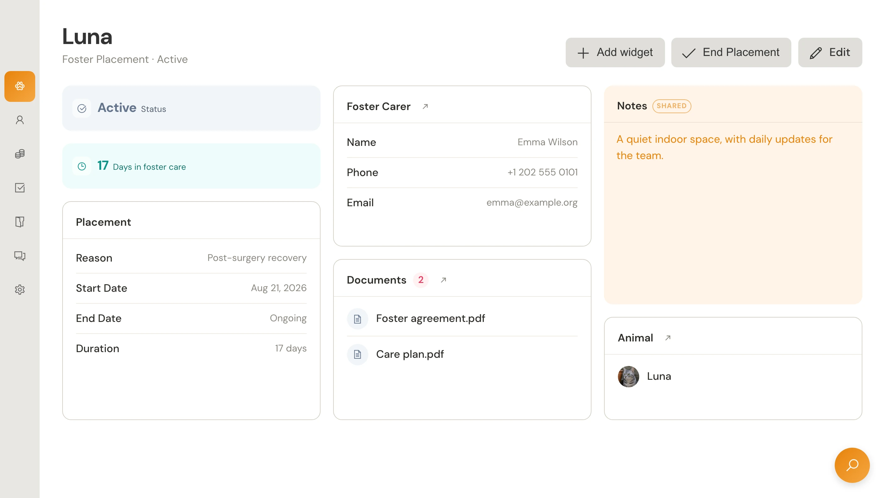 Luna’s foster dashboard with app navigation, status, days in care, carer details, dates, shared notes and document widgets.