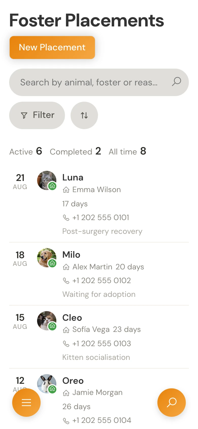 Mobile foster overview with navigation, search, filters, animals and carers.