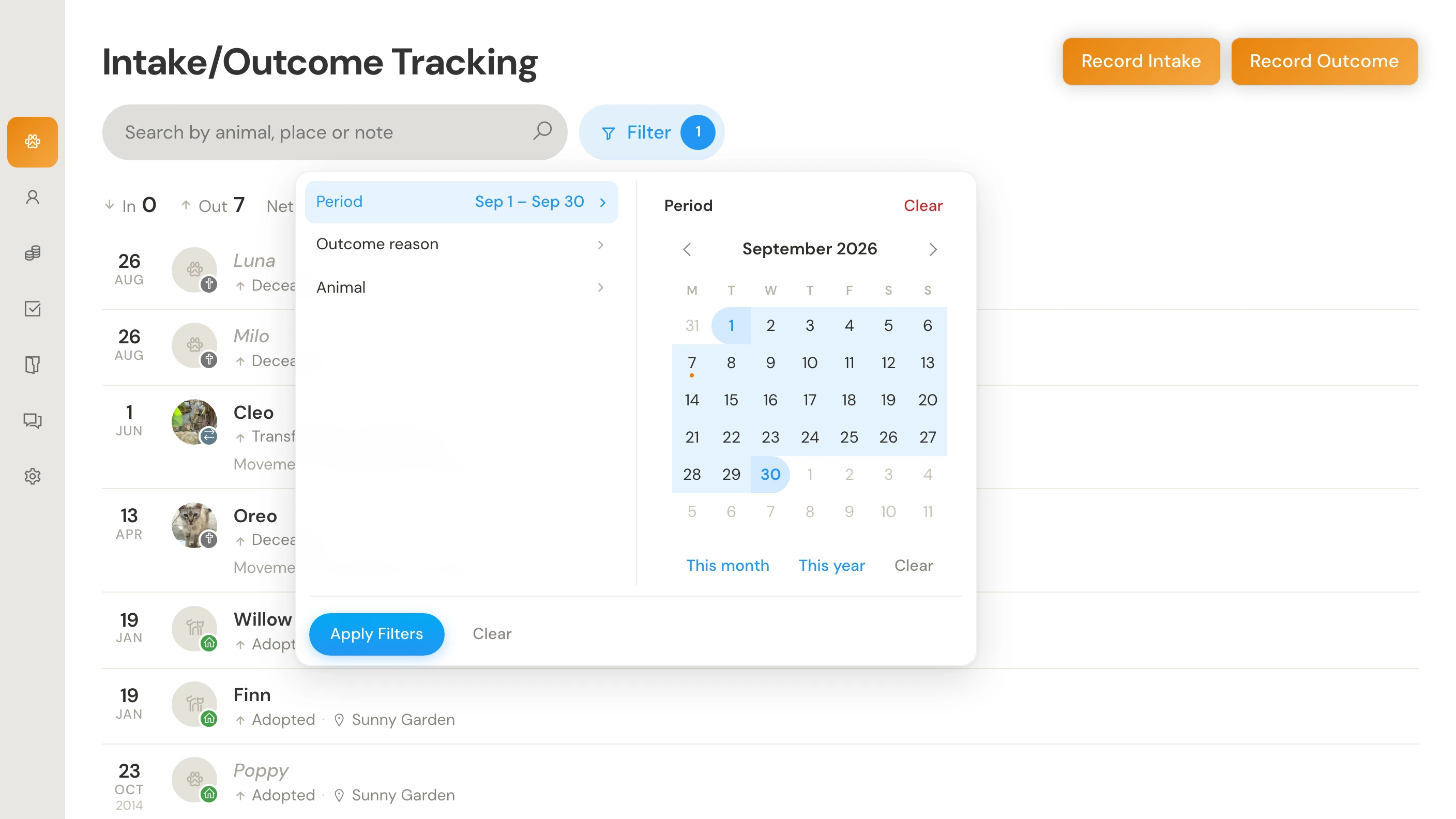 Intake and outcome history with the Period filter open and This month selected in the calendar.
