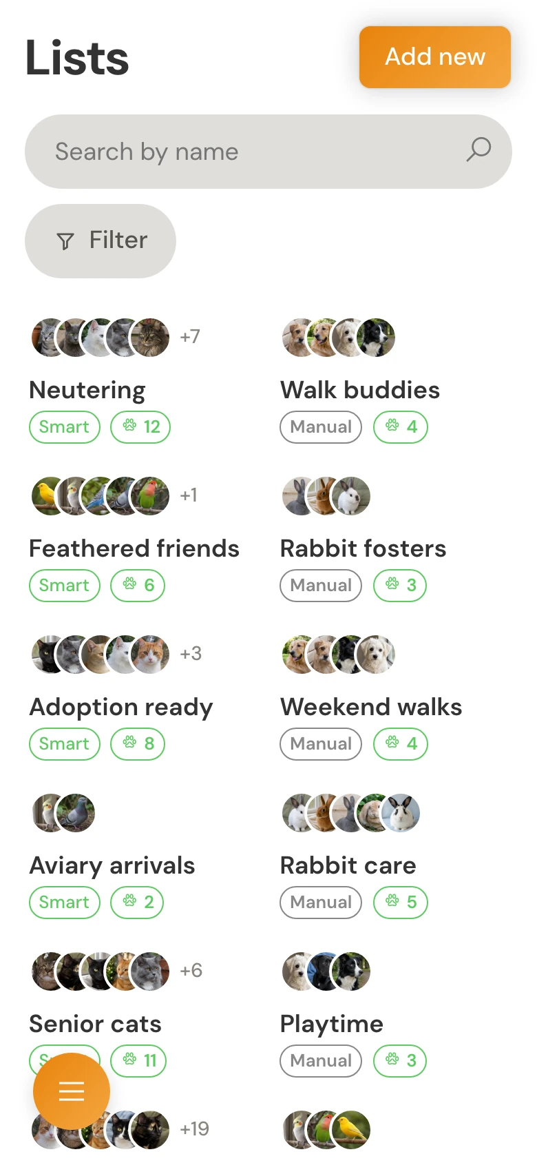 Lists overview on mobile with manual and Smart Lists and animal counts.