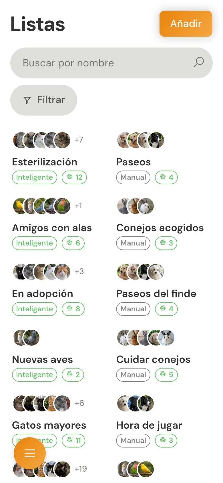 Vista general de las listas en el móvil, con listas manuales e inteligentes y recuentos de animales.