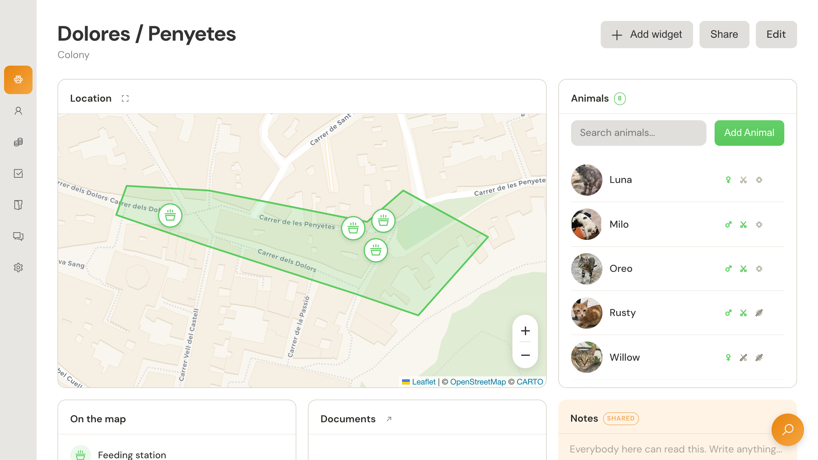 The location dashboard with an interactive map, assigned animals, shared notes and documents.