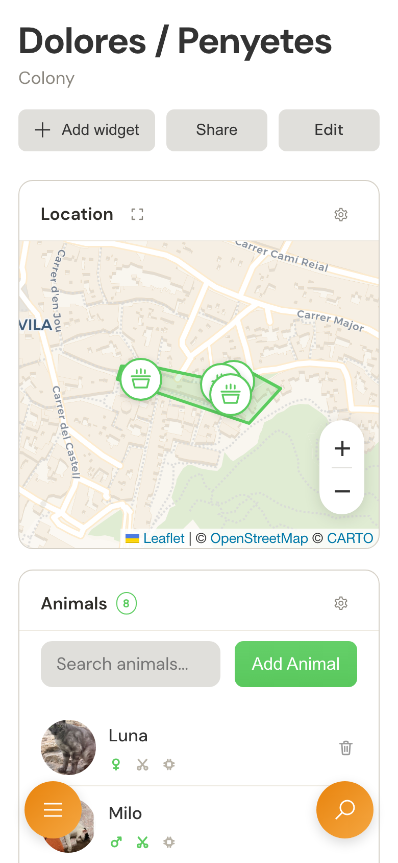 The location map and animal list on a mobile display.