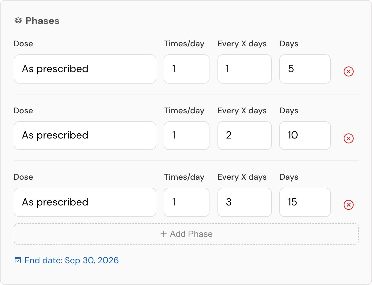 A saved course with three phases, each with its own dose, daily frequency, interval and duration.