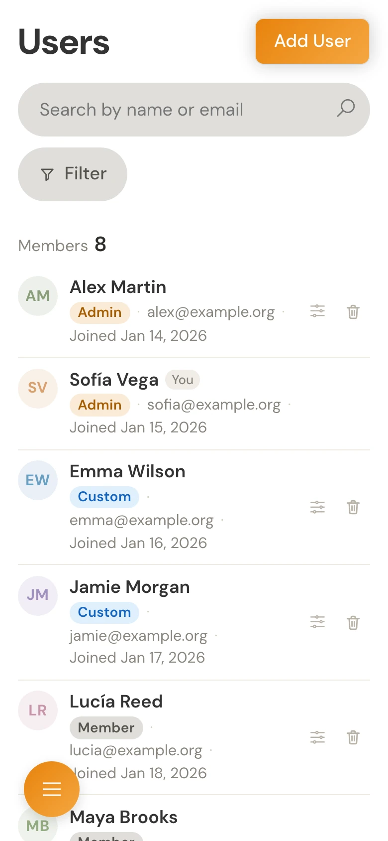 Mobile team list showing member names, email addresses and access levels.