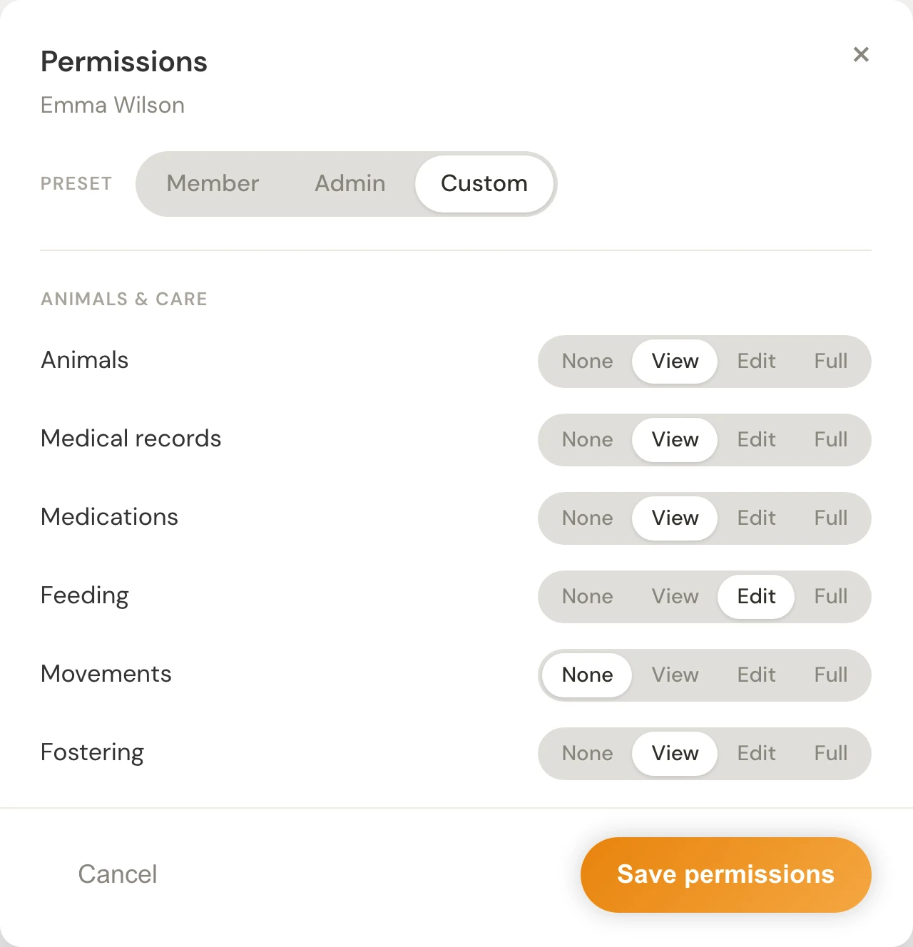 Custom permissions editor with different access levels for animal care.