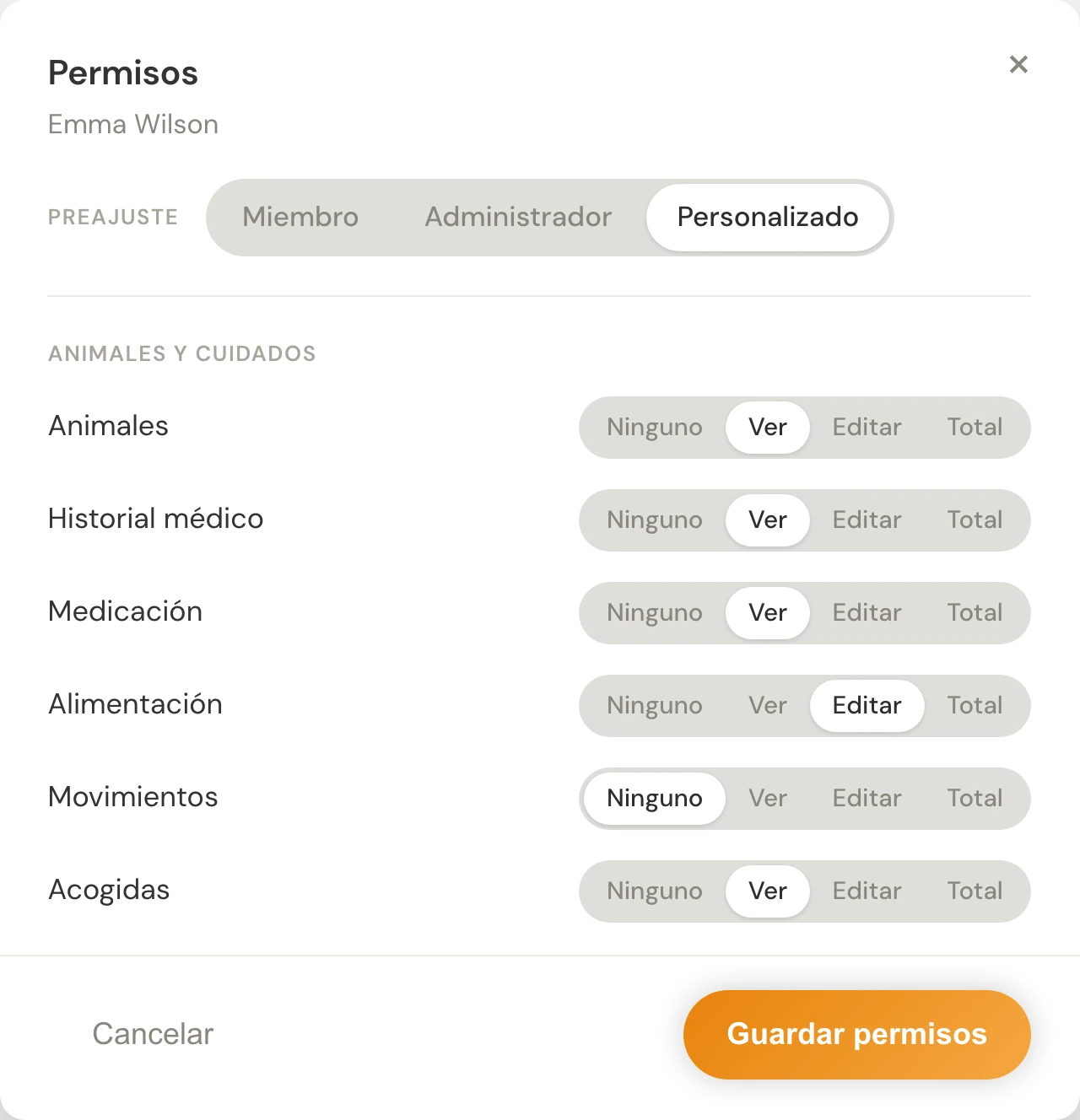 Editor de permisos personalizados con distintos niveles de acceso a los cuidados de animales.